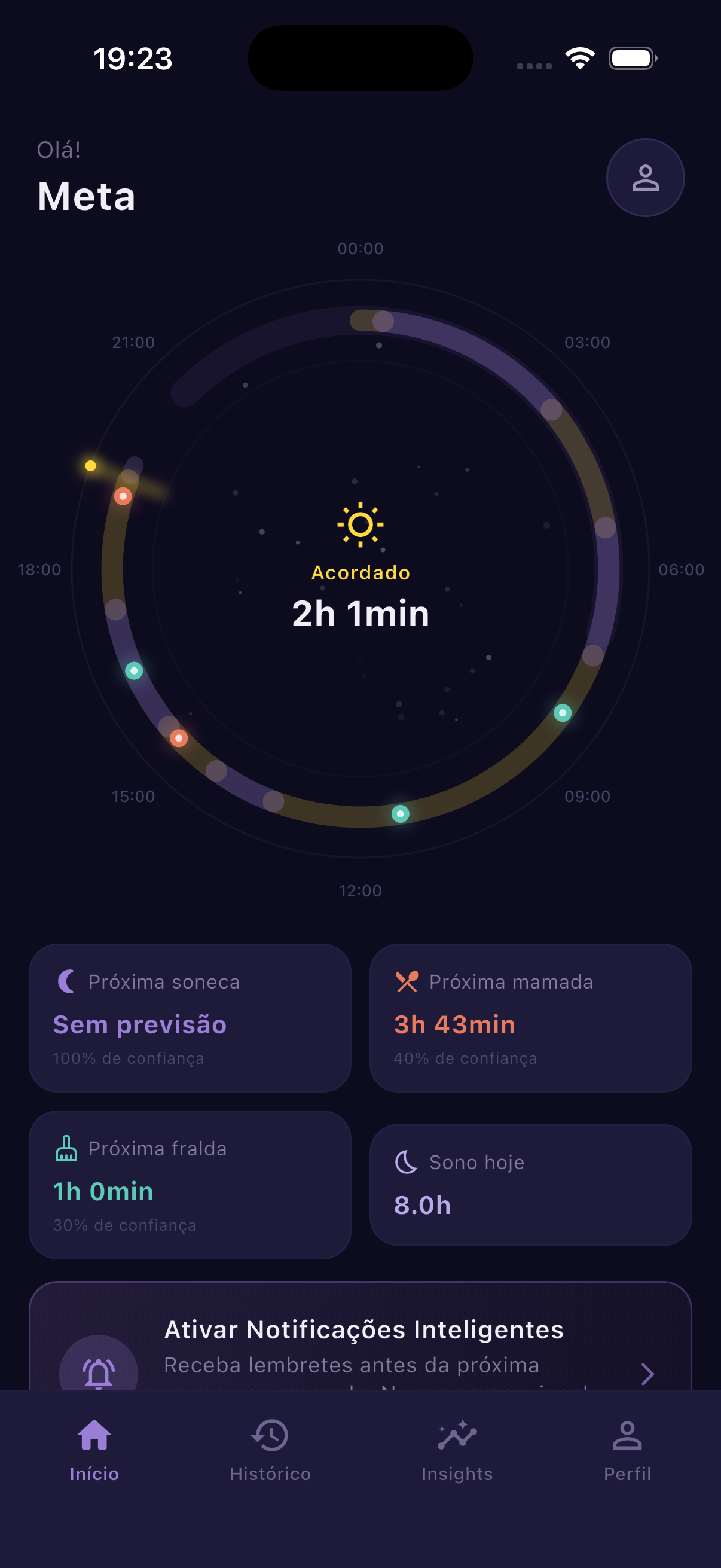 Tela inicial do NestRoutine com a previsão da próxima soneca