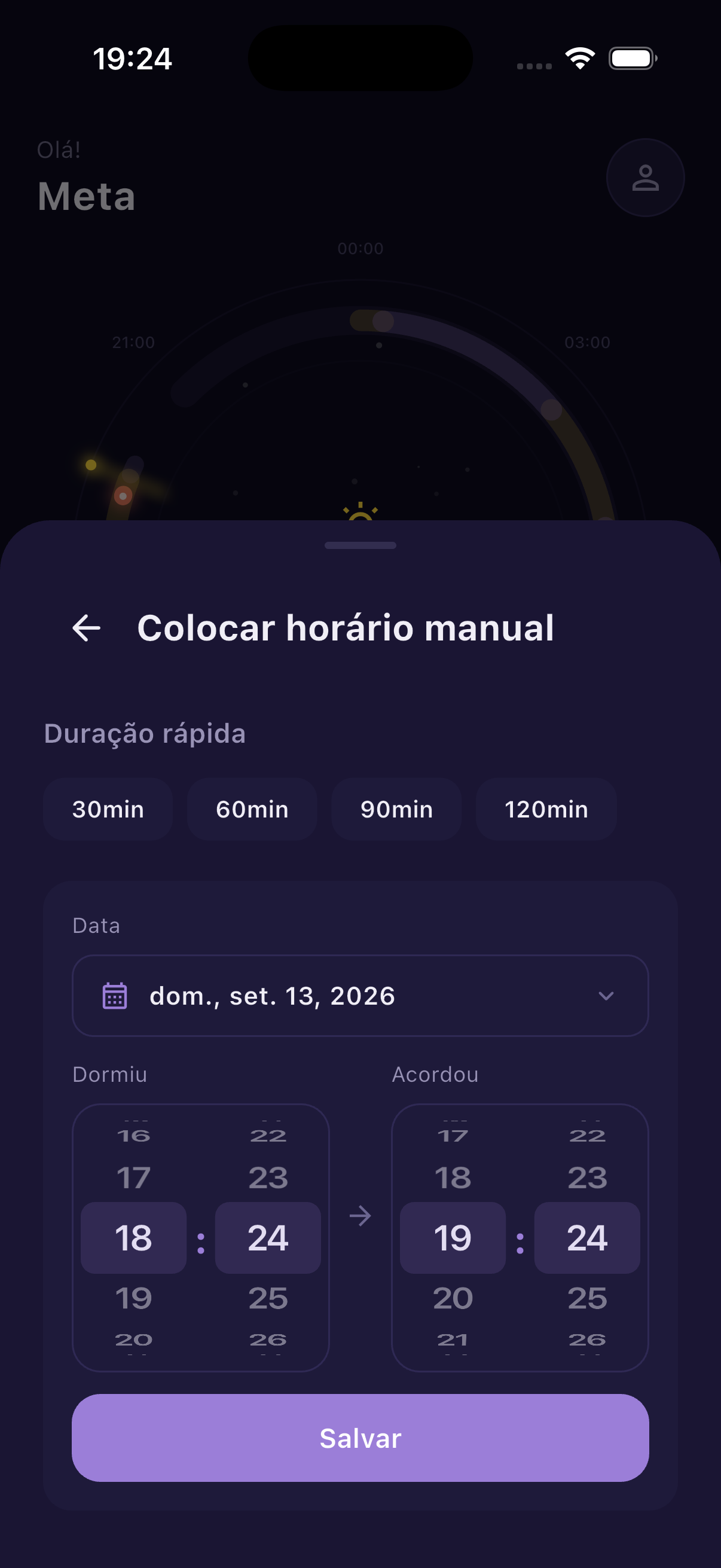 Registro de sono com timer em tempo real